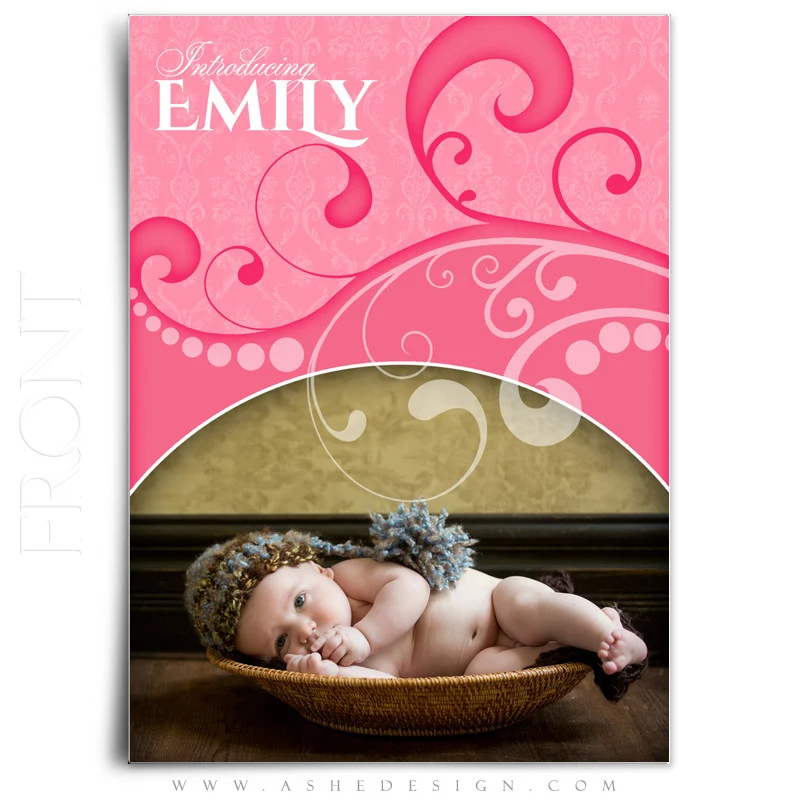 5x7 Flat Girl Birth Announcement - Damask Swirls - Image 2