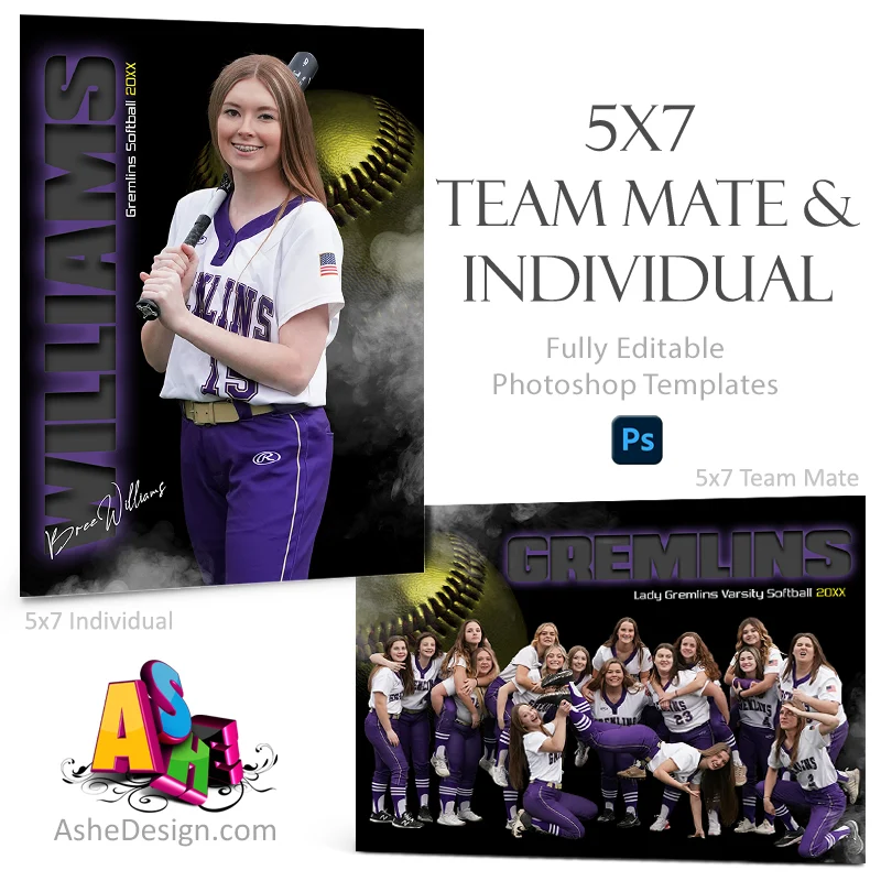 5x7 Team Mate & Individual Template For Photoshop - From The Shadows Softball