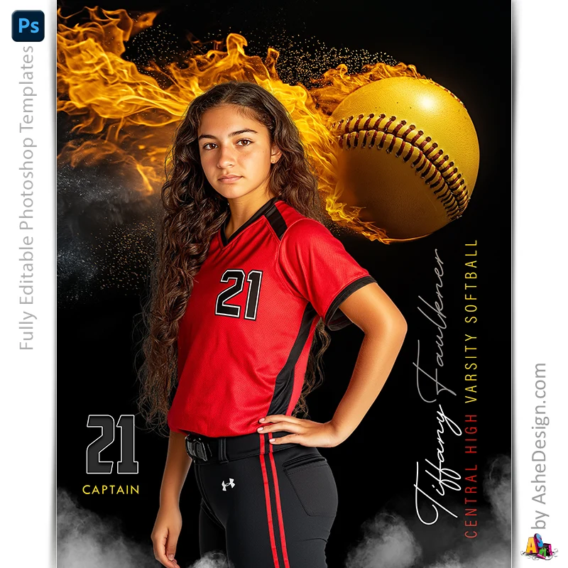 Amped Effects - Up In Flames Softball Poster Template For Photoshop
