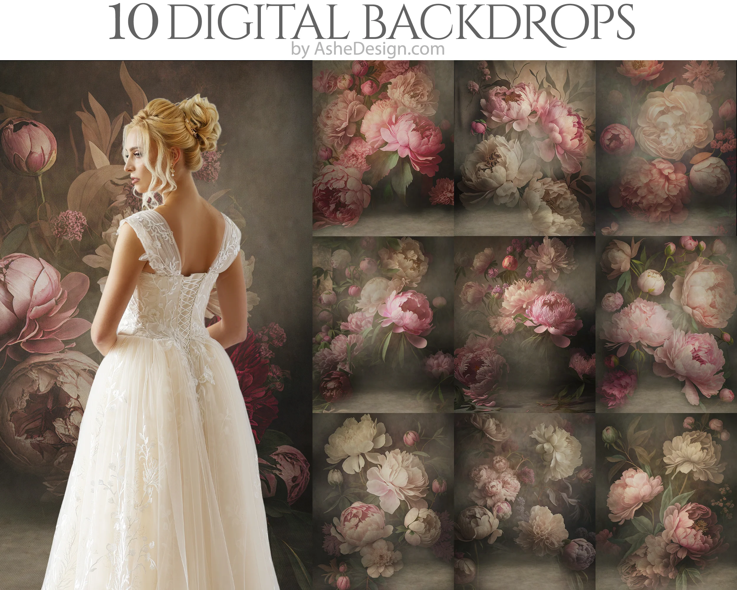 Fine Art Floral Digital Photography Backdrops - Pink Peonies